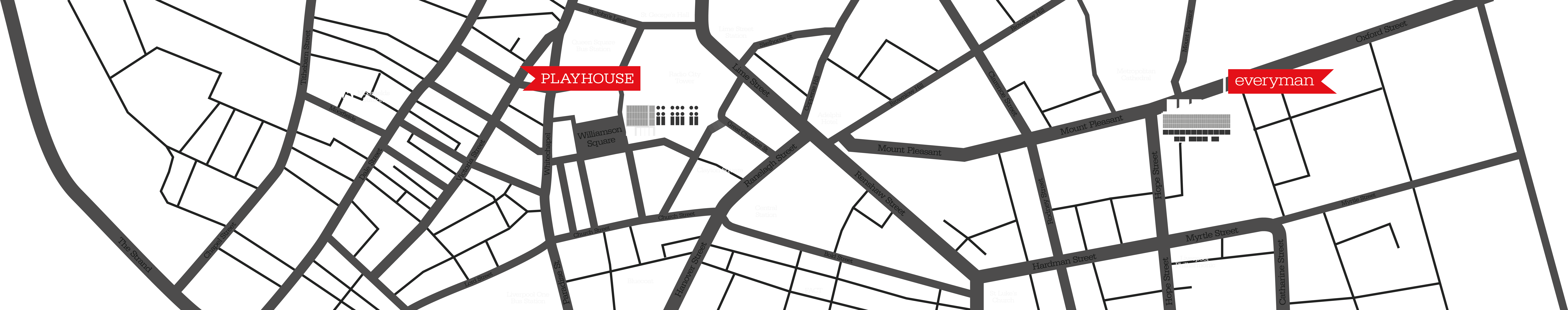 A map of Liverpool showing the Liverpool Playhouse Theatre and Liverpool Everyman Theatre