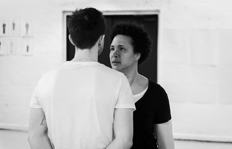Cerith Flinn as Cassio & Golda Rosheuvel as Othello. Othello in rehearsal. Photograph by Brian Roberts