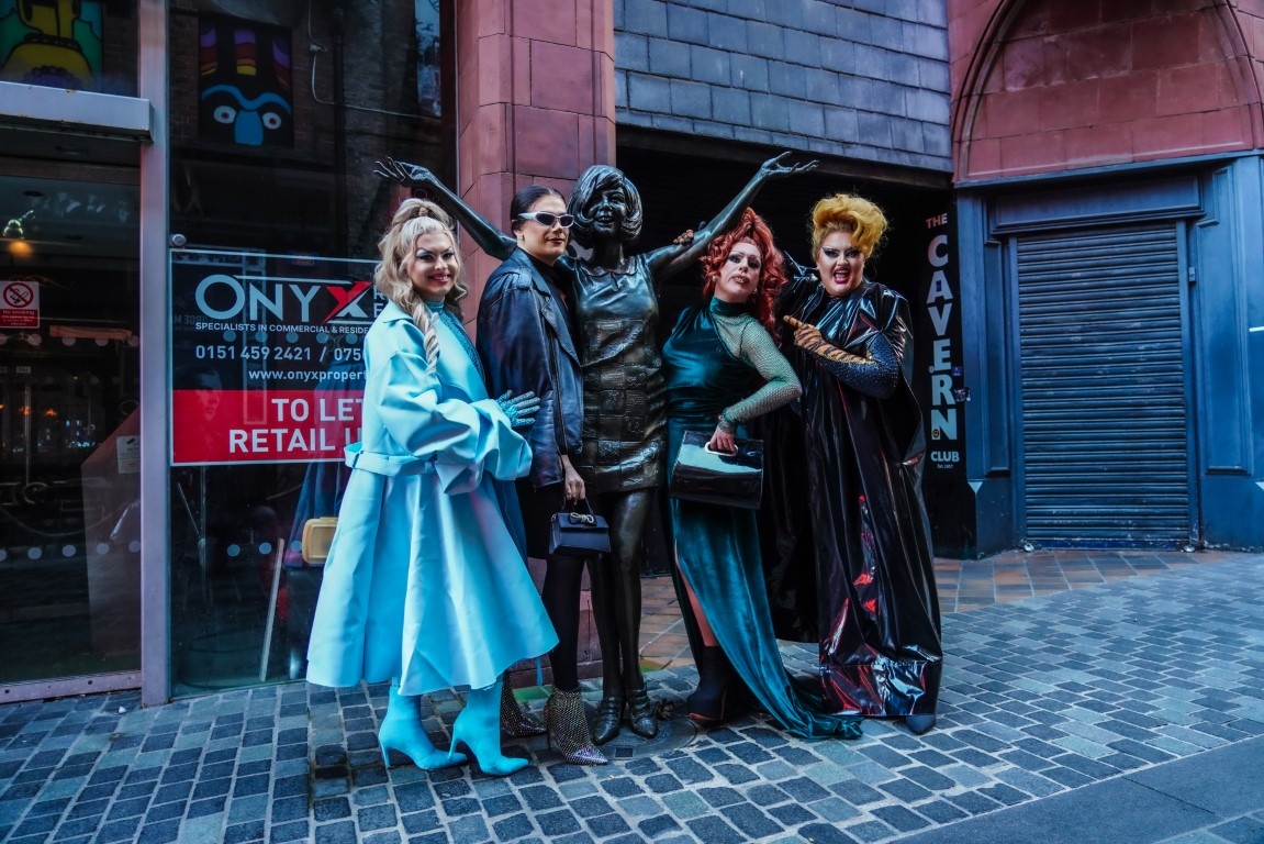 Cheryl Hole, Ophelia Love, Filla Crack and Victoria Scone with the iconic Cilla Black statue