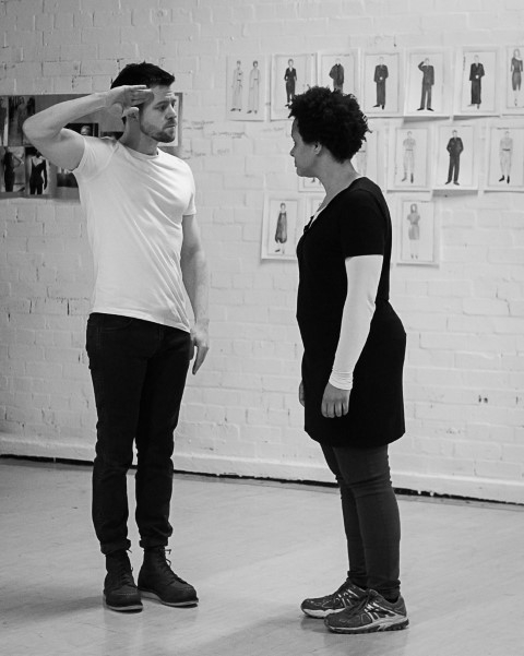 Cerith Flinn as Cassio & Golda Rosheuvel as Othello. Othello in rehearsal. Photograph by Brian Roberts