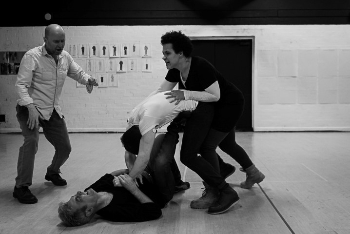 Patrick Brennan, Paul Duckworth, Cerith Flinn & Golda Rosheuvel. Othello in rehearsal. Photograph by Brian Roberts
