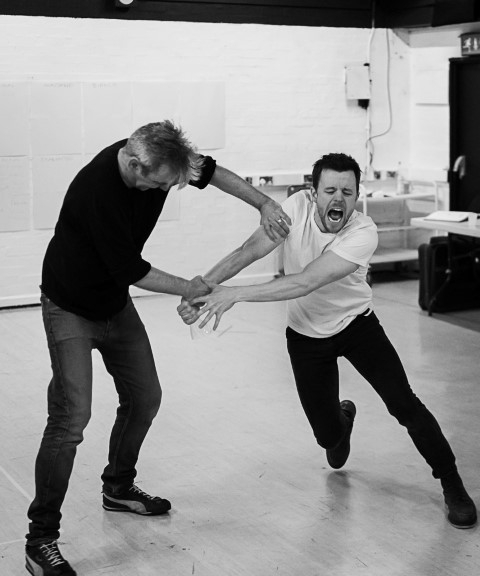 Paul Duckworth as Montano & Cerith Flinn as Cassio. Othello in rehearsal. Photograph by Brian Roberts