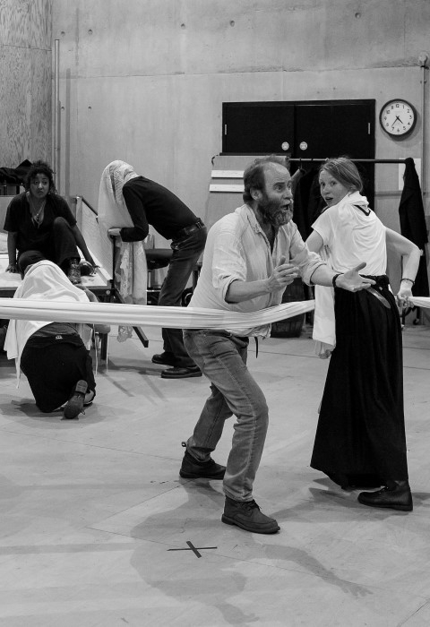 Patrick Brennan, Melanie La Barrie & Emily Hughes. Fiddler On The Roof in rehearsal. Photograph by Brian Roberts.
