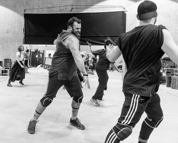 Dean Nolan & Choreographer Tom Jackson-Greaves. Fiddler On The Roof in rehearsal.  Photograph by Brian Roberts.
