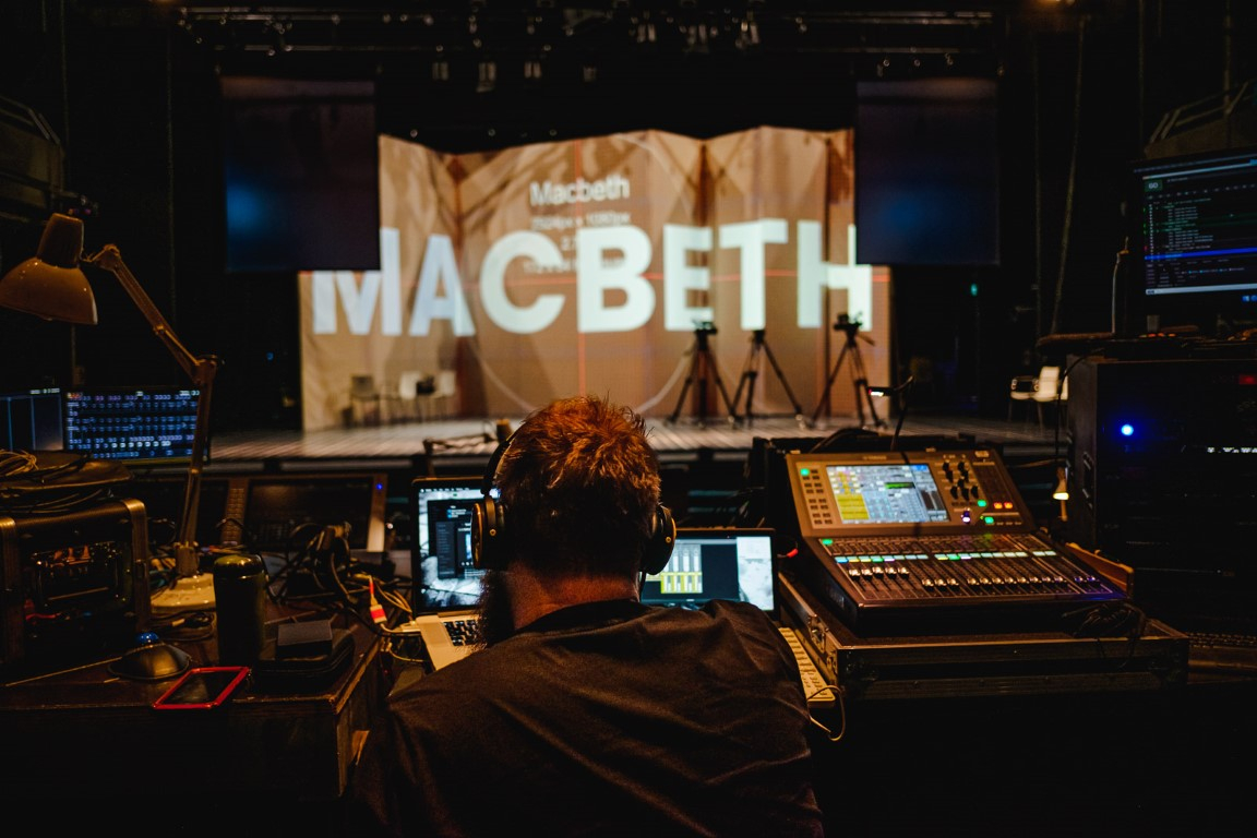 Macbeth Tech Team prepping the stage in rehearsals. Photo by Ed Waring.