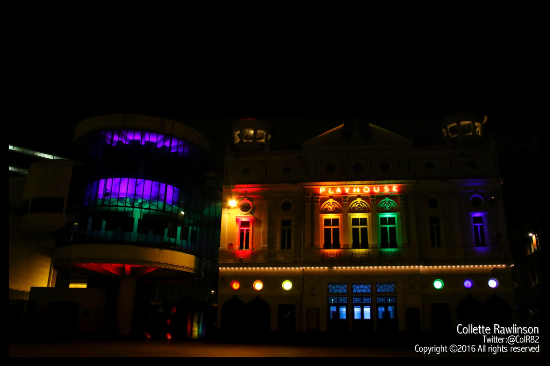 The Playhouse theatre, lit up in rainbow colours for Liverpool Pride 2016
