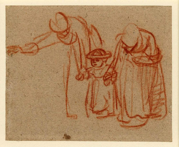 Two women teaching a child to walk by Rembrandt