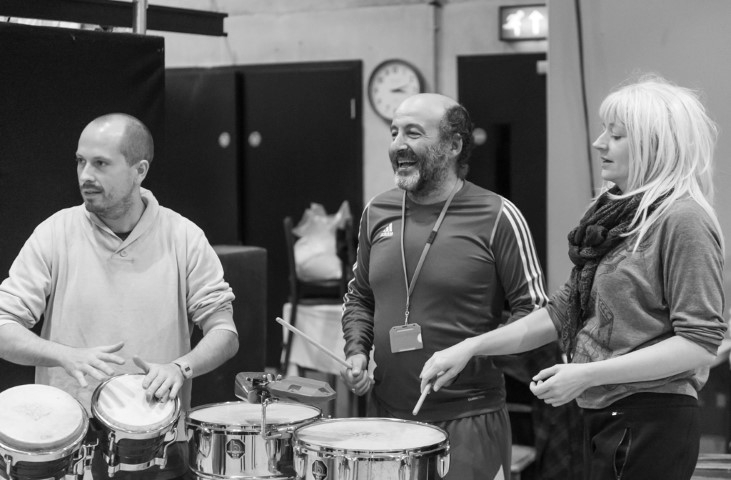 A Christmas Carol in rehearsals, Musician David Insua Cao with Aitor Basauri & Sophie Russell. Photo by Brian Roberts
