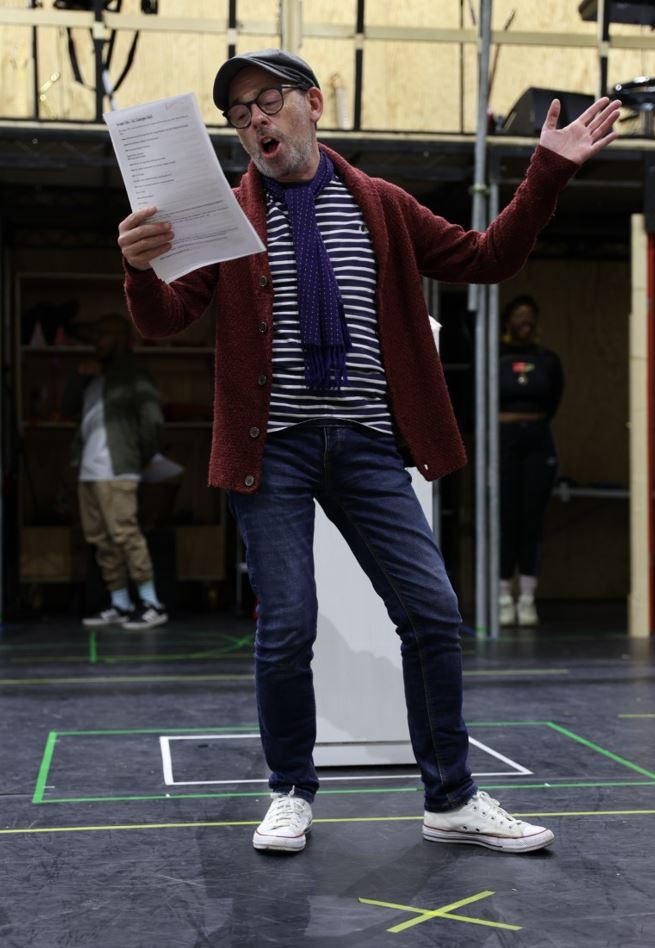 Adam Keast in rehearsals for the Rock 'n' Roll Panto Cinderella 