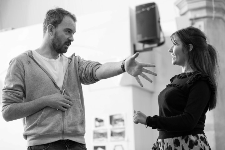 Alastair Whatley (Director) and Jasmyn Banks in rehearsal for Caroline's Kitchen. Photograph by Sam Taylor.