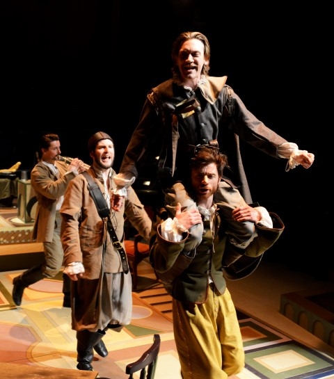 Anthony Hunt as Cadet 1 and Robert Wade as Cadet 3 with Christian Edwards as Cyrano & Adam Barlow as Christian in Cyrano. Photograph by Nobby Clark.