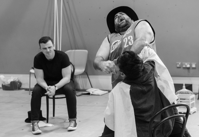 Bryan Parry, Dean Nolan & Shiv Rabheru in rehearsals for Sweeney Todd. Photograph by Brian Roberts.