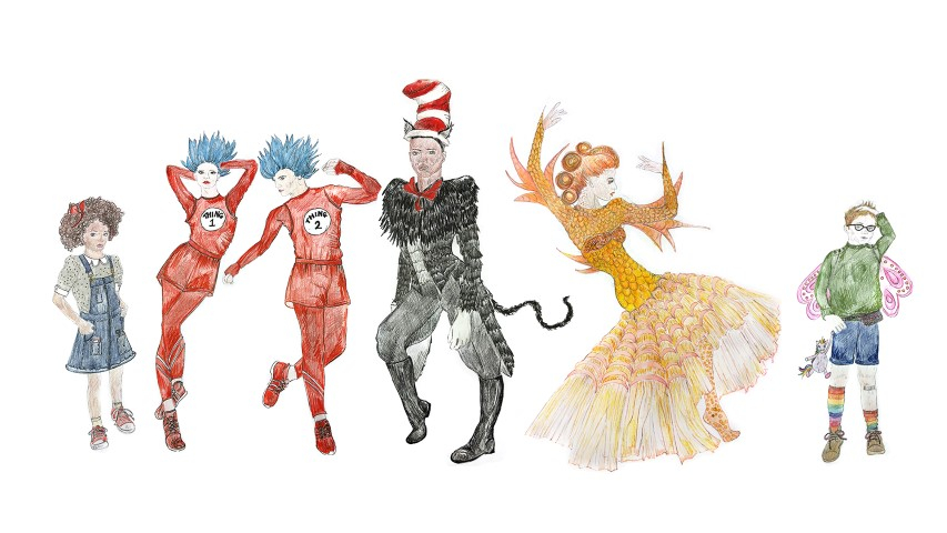 The Cat in the Hat costume drawings by Isla Shaw.