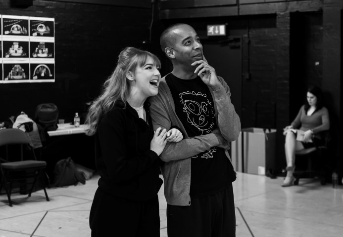 Chloe Pole & Kevin Harvey in rehearsals for Miracle on 34th Street. Photo by Brian Roberts