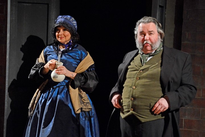 Claire Storey as Mrs Gradgrind and Howard Chadwick as Josiah Bounderby in Hard Times. Photograph by Nobby Clark.