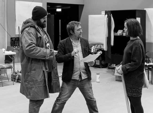 Dean Nolan, Nick Bagnall (Director) & Laura Dos Santos, The Conquest of the South Pole in rehearsal. Photograph by Brian Roberts.