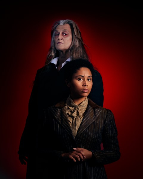Alt Text: An Ominous red background, Dracula stands behind Mina in a sort of twisted family portrait style image. They look in opposite directions and Mina has her hands clasped in front of her.