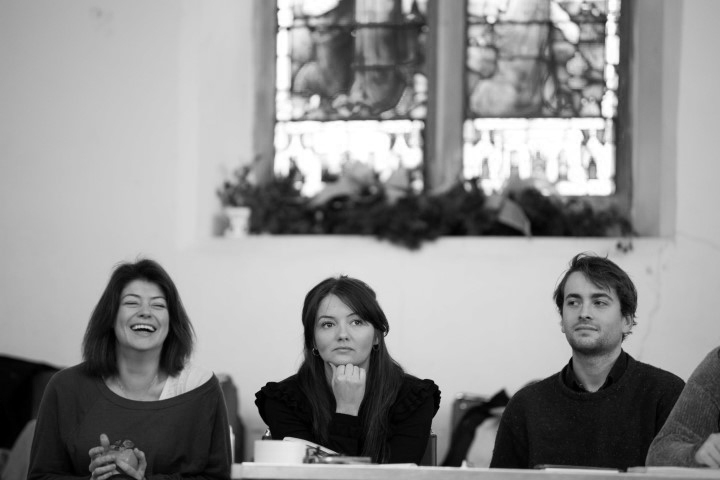 Elizabeth Boag, Jasmyn Banks & Tom England in rehearsal for Caroline's Kitchen. Photograph by Sam Taylor.