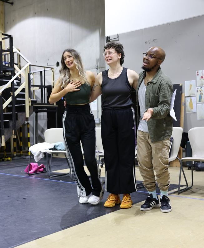Folarin Akinmade, Zoe West, Rebecca Levy in rehearsals for the Rock 'n' Roll Panto Cinderella