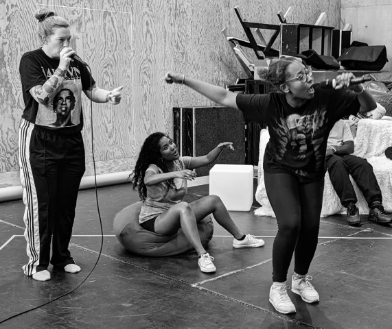 Grace Savage, Chandu Gopalakrishnan & Joséphine-Fransilja Brookman in rehearsal for High Times and Dirty Monsters