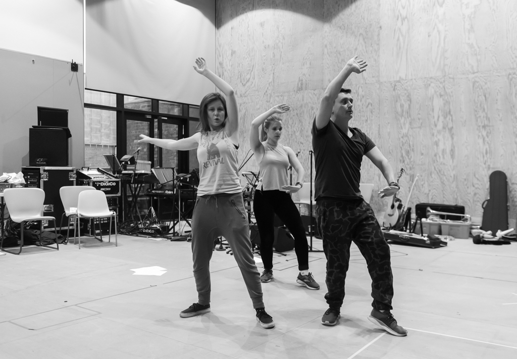 Holly Mallett, Stephanie Hockley with Fight Director  Jeremy Barlow in rehearsal for Sleeping Beauty. Photo by Brian Roberts