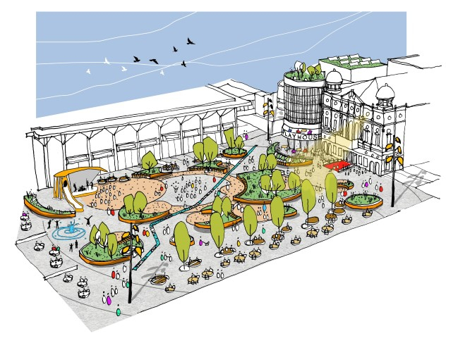 Initial sketch view of Williamson Square by Layer Studio, Landscape Architects