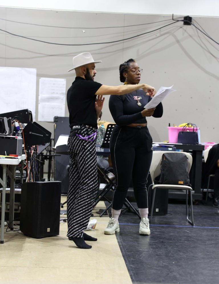 James Baker and Aminita Francis in rehearsals for the Rock 'n' Roll Panto Cinderella