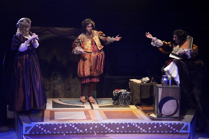Jessica Dyas as Buffet Girl, Michael Hugo as Monfleury & Angela Bain as Bellerose in Cyrano. Photograph by Nobby Clark.