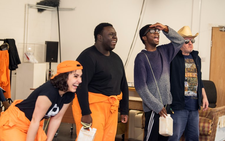 Joelle Brabben, Henry Mettle, Harold Addo and John Elkington in rehearsals for Holes by Tracey Whitefoot