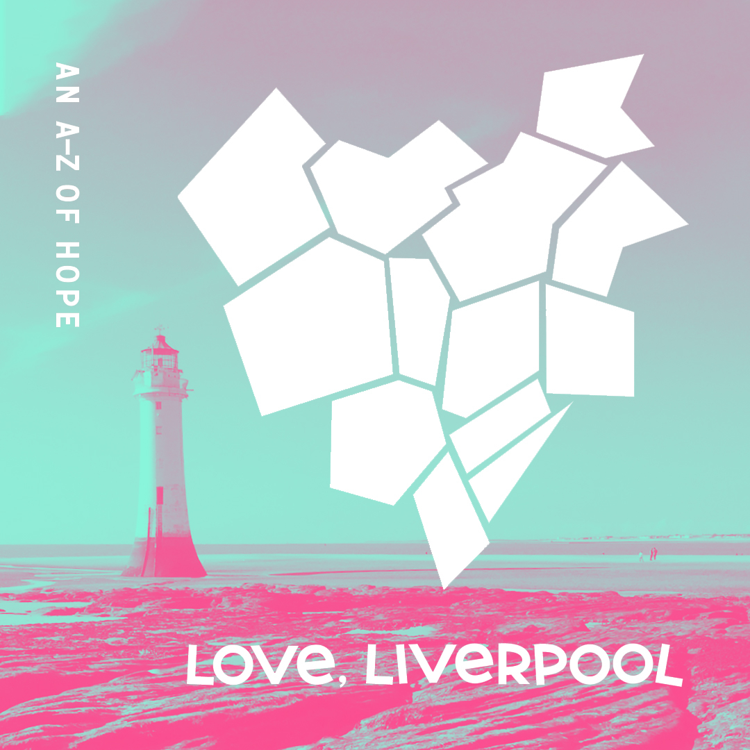 Love, Liverpool: an A-Z of Hope Letter 1 Artwork. A picture of the lighthouse at New Brighton beach colorised duo tone in pink and teal