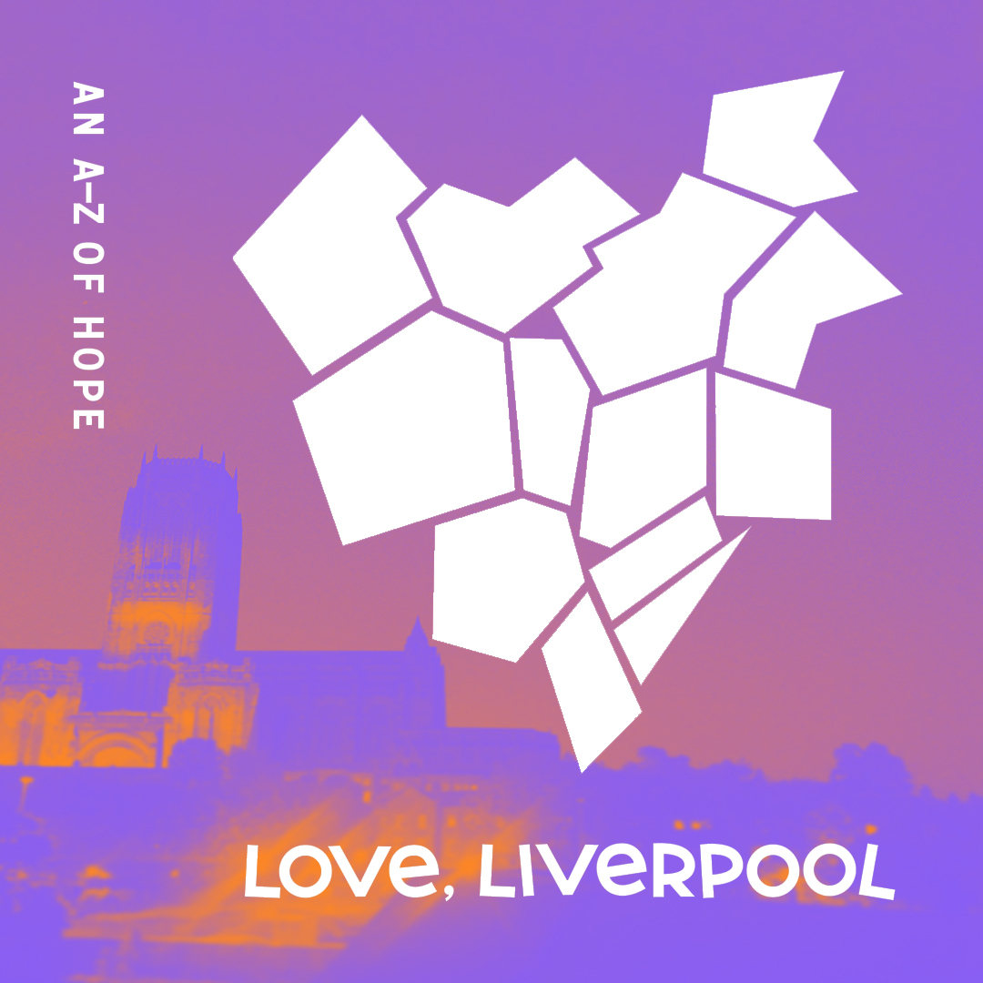 Love, Liverpool: an A-Z of Hope Letter 2 artwork. A colourised duo tone image of the Anglican Cathedral with a rainbow projected on it. The picture is purple & orange.