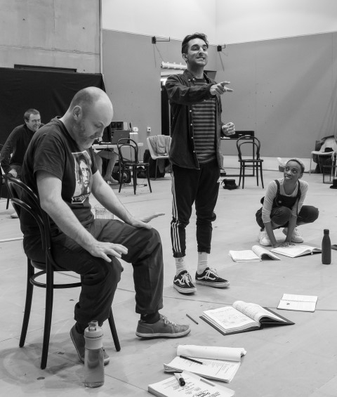 Liam Tobin, Shiv Rabheru & Keziah Joseph in rehearsals for Sweeney Todd. Photograph by Brian Roberts.