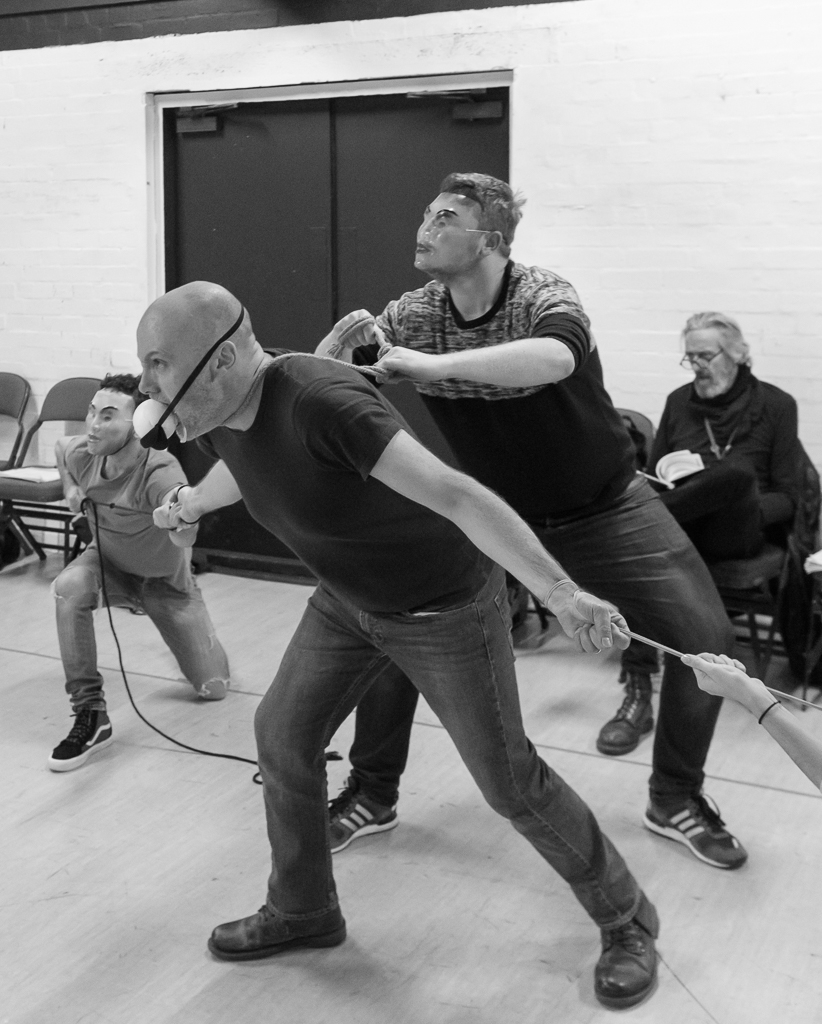 Nathan McMullen, Liam Tobin & Phil Rayner. A Clockwork Orange in rehearsal. Photograph by Brian Roberts.