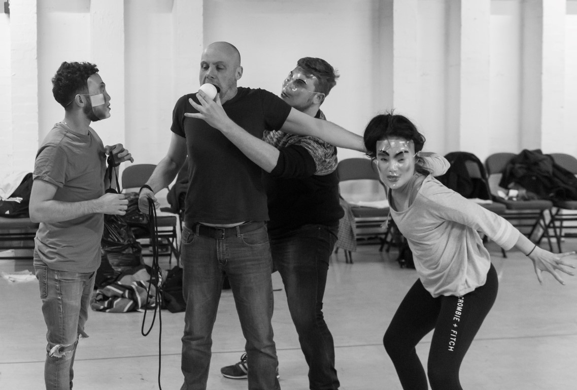 Nathan McMullen, Liam Tobin, Phil Rayner & Zelina Rebeiro. A Clockwork Orange in rehearsal. Photograph by Brian Roberts.