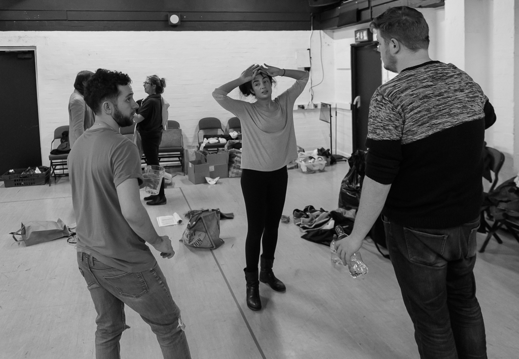 Nathan McMullen, Zelina Rebeiro & Phil Rayner. A Clockwork Orange in rehearsal. Photograph by Brian Roberts.