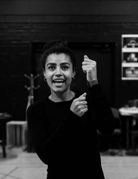 Nicole Deon in rehearsals for Miracle on 34th Street. Photo by Brian Roberts
