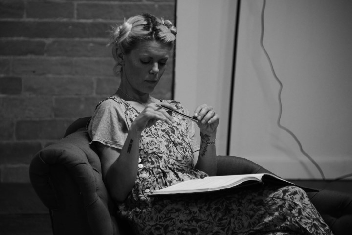 Sarah-Jane Potts. For Love or Money in rehearsal. Photograph by Nobby Clark.