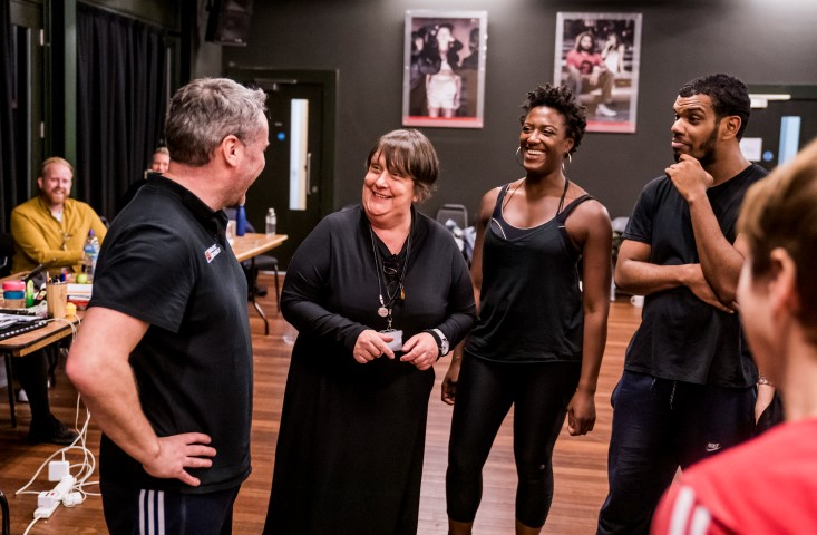 Scott Graham and Kathy Burke with the company. Frantic Assembly. I Think We Are Alone. Rehearsals. Photo Tristram Kenton