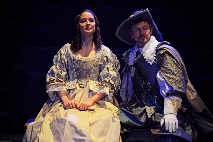 Sharon Singh as Roxane & Andy Cryer as De Guiche in Cyrano. Photograph by Nobby Clark.