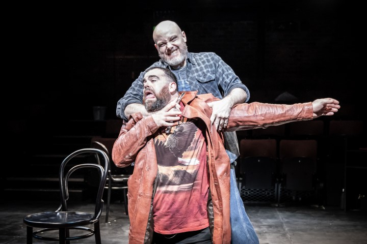Liam Tobin as Sweeney and Dean Nolan as Pirelli in Sweeney Todd. Photograph by Marc Brenner.