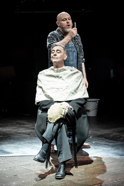 Liam Tobin as Sweeney Todd and Paul Duckworth as Judge Turpin. Photograph by Marc Brenner.
