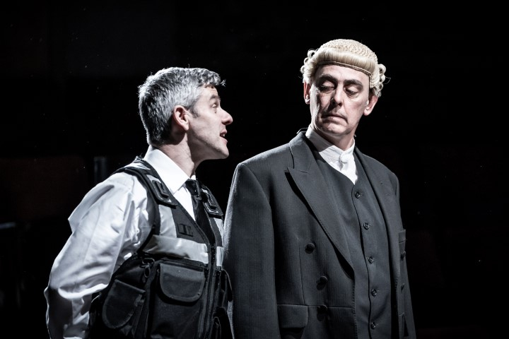 Mark Rice-Oxley as Beadle Bamford and Paul Duckworth as Judge Turpin in Sweeney Todd. Photograph by Marc Brenner.