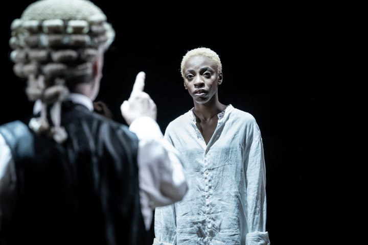 Paul Duckworth as Judge Turpin and Keziah Joseph as Johanna in Sweeney Todd. Photograph by Marc Brenner.
