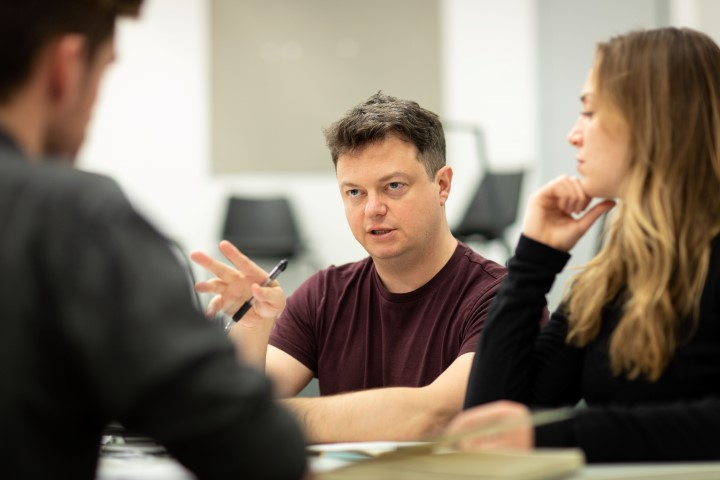 Adam Jackson Smith (Tom Watson), Anthony Banks (Director) and Lowenna Melrose (Anna Watson) in rehearsal for The Girl On The Train. Photograph by Helen Maybanks