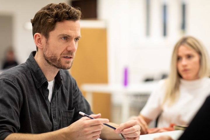 Adam Jackson Smith (Tom Watson) and Kirsty Oswald (Megan Hipwell) in rehearsal for The Girl On The Train. Photograph by Helen Maybanks