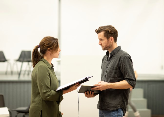 Samantha Womack (Rachel Watson) and Adam Jackson Smith (Tom Watson) in rehearsal for The Girl On The Train. Photograph by Helen Maybanks