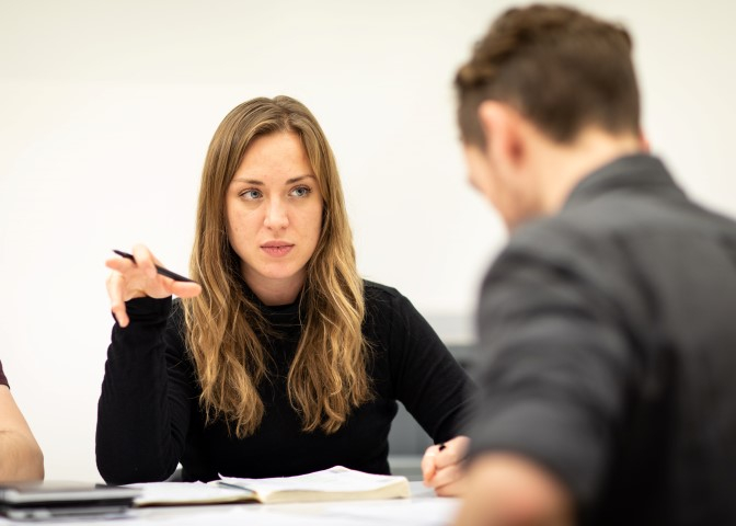 Lowenna Melrose (Anna Watson) and Adam Jackson Smith (Tom Watson) in rehearsal for The Girl On The Train. Photograph by Helen Maybanks