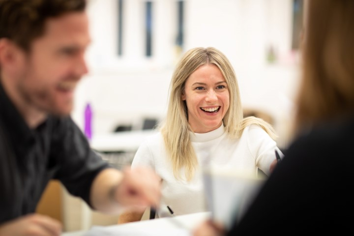Adam Jackson Smith (Tom Watson), Kirsty Oswald (Megan Hipwell) in rehearsal for The Girl On The Train. Photograph by Helen Maybanks