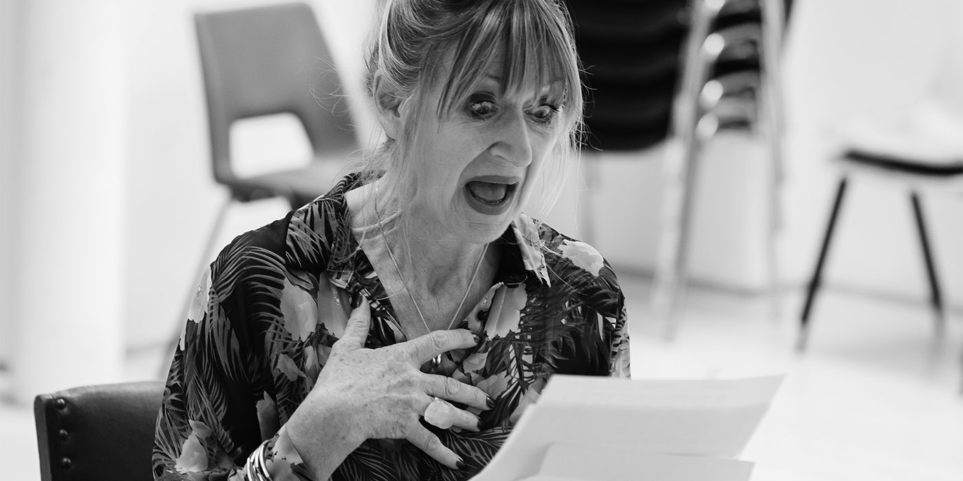 Julie Legrand as Mrs Malaprop in The Rivals. Rehearsal photography by Jack Offord.