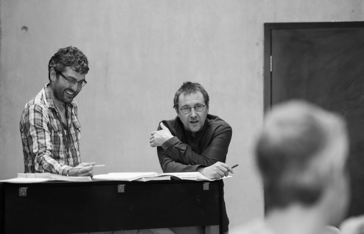 Tarek Merchant & Nick Bagnall in rehearsals for Sweeney Todd. Photograph by Brian Roberts.